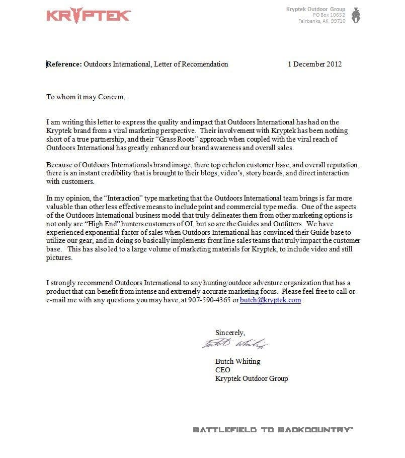 Kryptek Letter of Recommendation for Outdoors International