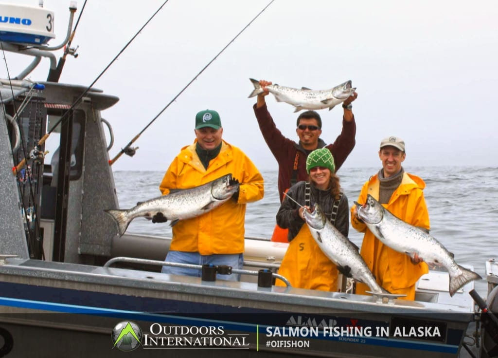Happy anglers in Alaska fishing for King salmon on Prince of Wales Island.