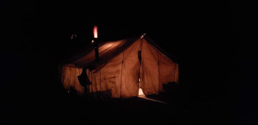 Idaho wall tent at night