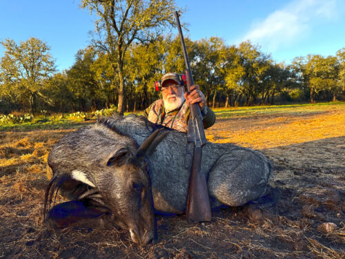 Older hunter with glasses and cap sits behind a large dead boar, holding a rifle in a wooded field.