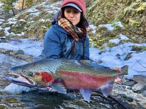 Lacey with a big Idaho B-run steelhead she caught on the Clearwater River.