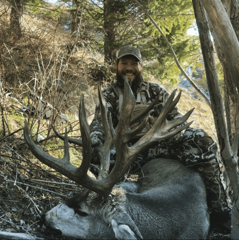 Chris Adams Client 2019 Idaho Giant 238 Mule Deer BHON Christopher Adams with his giant 238 inch Idaho backcountry mule deer.