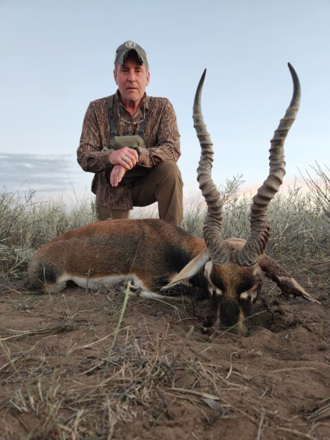 La Delfa with a giant Argentina blackbuck antelope.