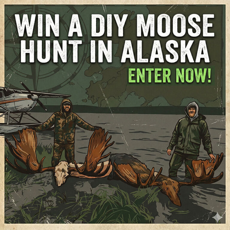 Alaska hunting contest poster with two hunters beside a dead moose, plane in background, reading 'Win a DIY Moose Hunt in Alaska'—Enter Now.