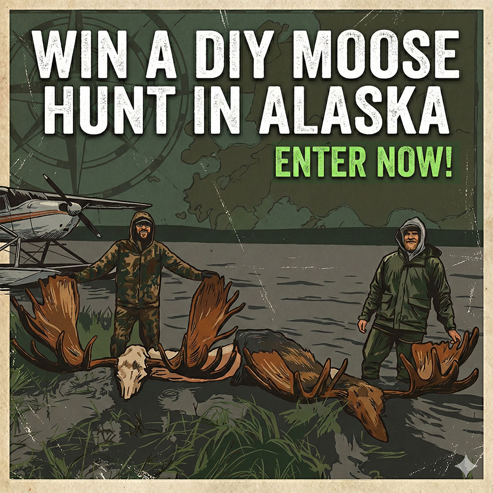 Alaska hunting contest poster with two hunters beside a dead moose, plane in background, reading 'Win a DIY Moose Hunt in Alaska'—Enter Now.