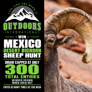 Promotional ad for Outdoors International: win a Mexico desert bighorn sheep hunt; 300 total entries; ram portrait on the right.