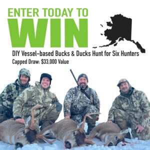 Four camo-clad hunters pose with deer on snow beneath a bold green 'WIN' banner and promotional text for a six-hunter hunting prize worth $33,000.