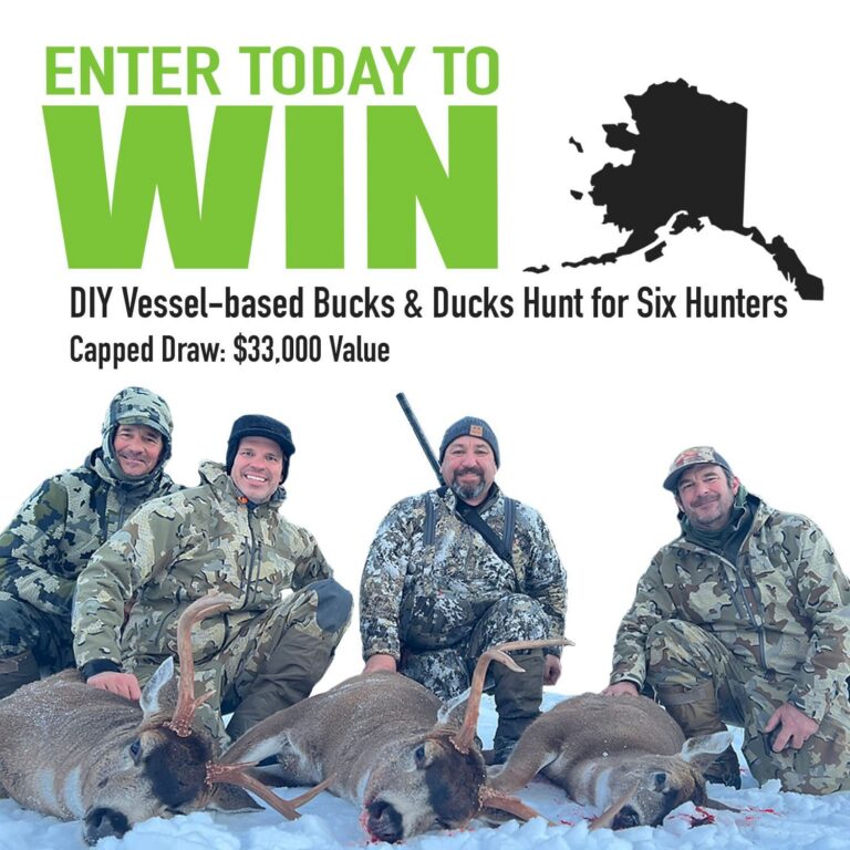 Four camo-clad hunters pose with deer on snow beneath a bold green 'WIN' banner and promotional text for a six-hunter hunting prize worth $33,000.