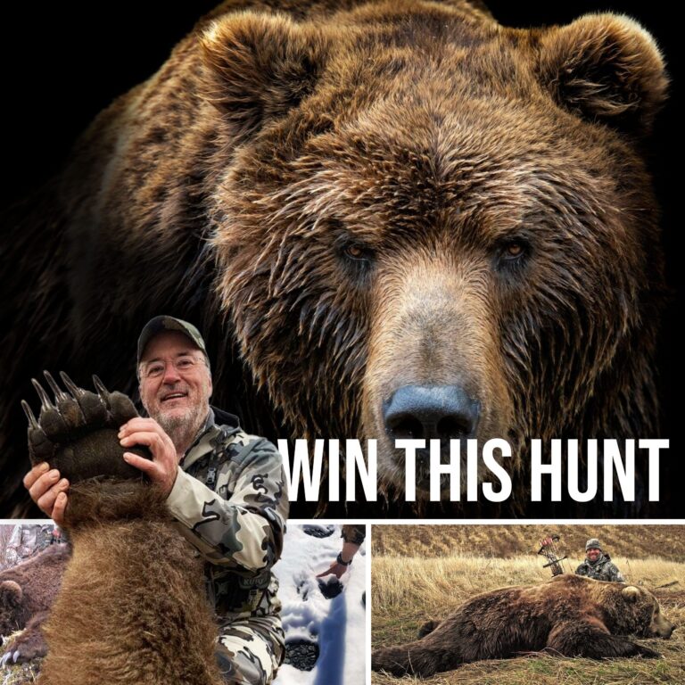 Hunter in camo posing with a large brown bear; close-up bear head dominates the frame, dark background behind them.