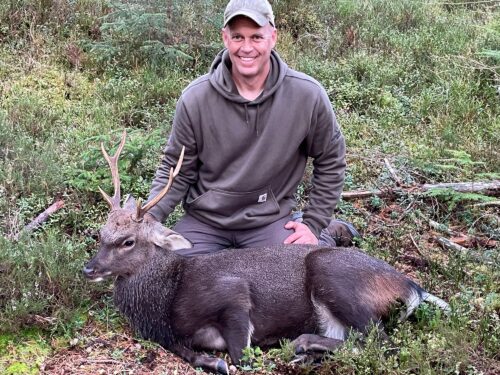 Kyle Apple — hunter with harvested sambar stag in forest (Scotland, 2026)