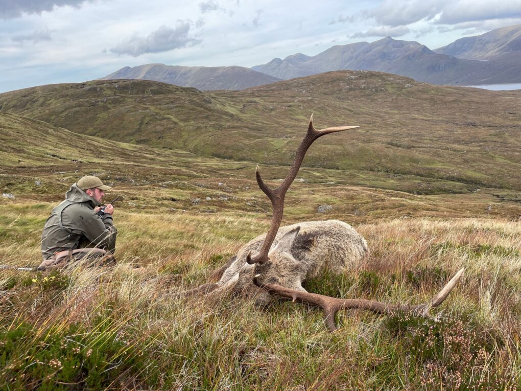 Hunter in a green jacket and cap sits in tall grass next to a dead deer with large antlers, set against rolling hills and distant mountains.